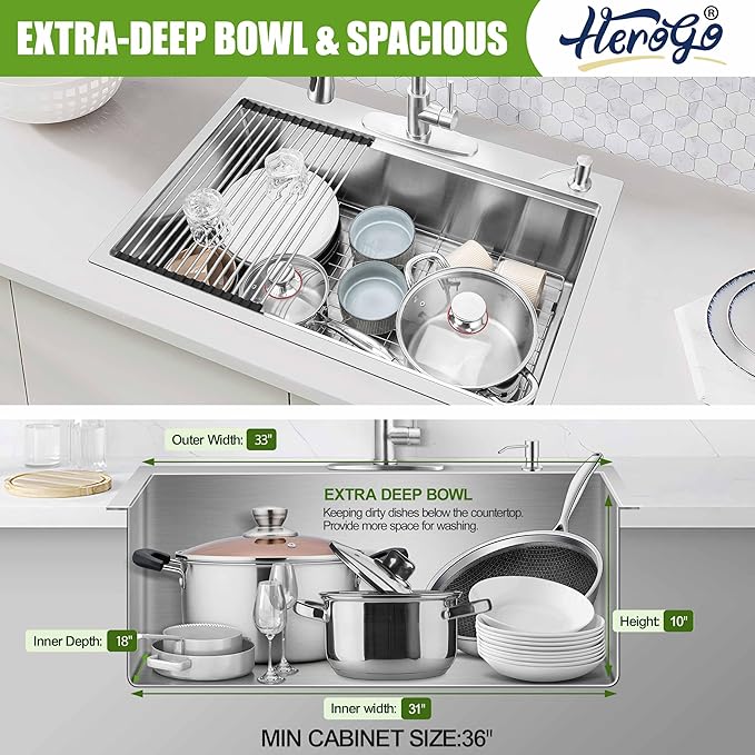 Herogo 33x22Inch Drop In Kitchen Sink, 18/10 Stainless Steel Topmount Handmade 10'' Deep Single Bowl Kitchen Workstaion Sink with 5 Accessories