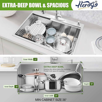 Herogo 33x22Inch Drop In Kitchen Sink, 18/10 Stainless Steel Topmount Handmade 10'' Deep Single Bowl Kitchen Workstaion Sink with 5 Accessories