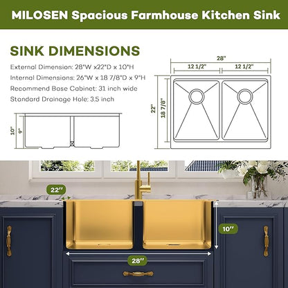 MILOSEN Gold Farmhouse Kitchen Sink, 28x22x10 Inch 50/50 Double Bowl Apron Front Drop-in Workstation Sink, 16 Gauge T304 Gold Stainless Steel Handmade Deep Farm Sink with Ledge & Accessories