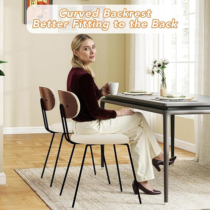 LSSPAID Dining Chairs Set of 6, Linen Fabric Upholstered Dining Room Chairs with Walnut Bentwood Back, Mid-Century Modern Kitchen Chairs with Adjustable Feet Pads, Beige