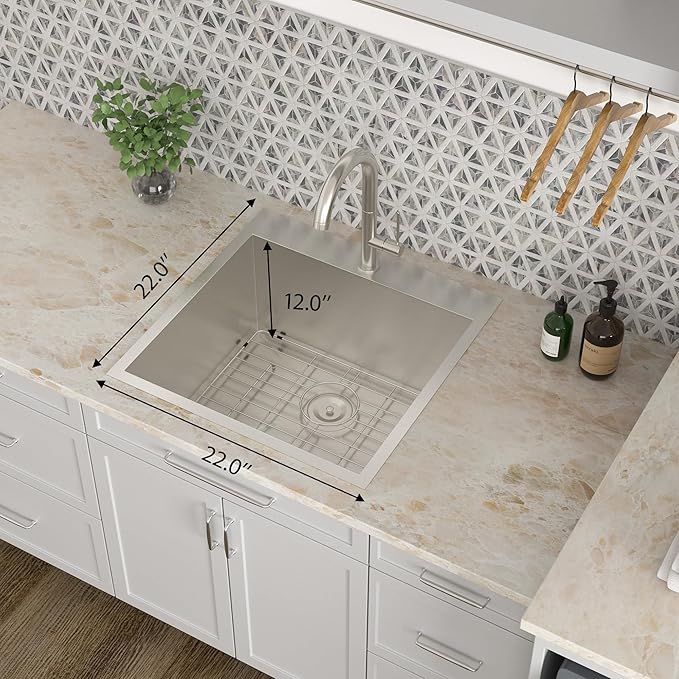 Kichae Drop In Laundry Sink - 22x22x12 Drop In 12 Inch Deep Utility Sink T304 Stainless Steel Topmount Handmade Single Bowl with Accessories