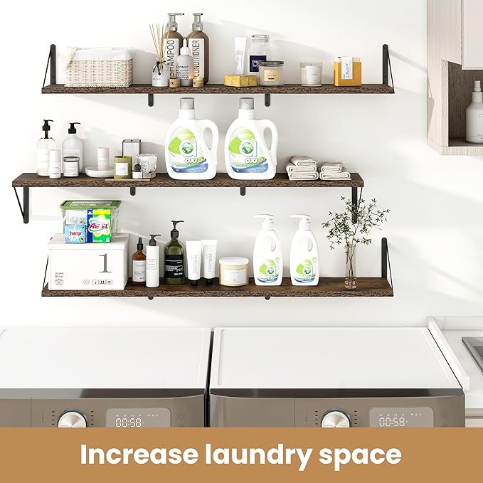 Heimlove Floating Book Shelves for Wall,47.2 Inches Long Wall Mounted Bookshelves,Heavy Duty Bracket Shelves for Living Room Kitchen,Laundry Room Storage & Decor,Set of 3,Rustic Brown