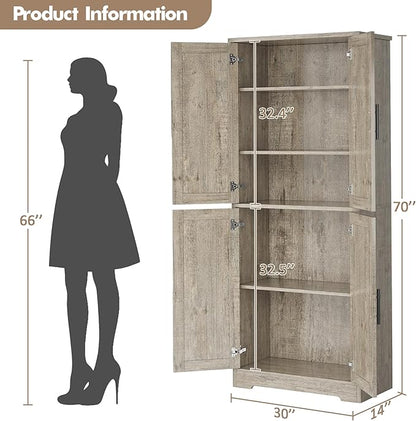 GarveeLife 70" Tall Kitchen Pantry,Farmhouse Storage Cabinet with Adjustable Shelves,Farmhouse Pantry Cabinet with 4 Barn Doors, for Kitchen,Dining Room,Living Room.(Grey)