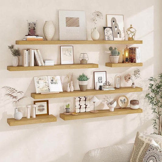 Fun Memories 55 Inch Fireplace Mantel - Long Floating Shelf, Wall Mounted Farmhouse Display with Invisible Heavy Duty Metal Bracket, Oak