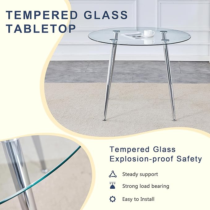 38.6 Inch Round Tempered Glass Dining Table and Chairs Set for 4, Transparent Kitchen Table with Silver Metal Legs & Black PU High-Resilience Chairs, Modern Style for Dining Room, Kitchen