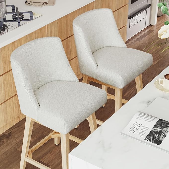 Counter Height Bar Stools Set of 4, Modern Swivel Barstools with Back and Wood Legs, Linen Fabric Upholstered Bar Chairs, 26" H Kitchen Counter Stools, Kitchen Island Home Bar, Ivory