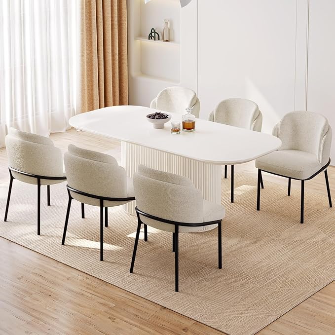 Miuuod 70" Extra Large Dining & Kitchen Table Set, Solid Kitchen Table with 6 Chairs,Large Oval Dinner Table with Rounded Corners for Dining Room,Living Room Furniture,Cream White