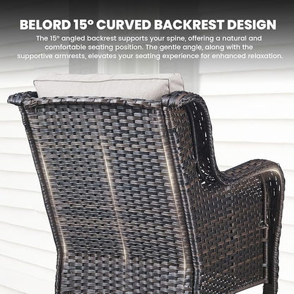 Belord High Back Patio Chairs Set of 2 - Brown Wicker Outdoor Seating, 4" Wide Armrests Rattan Outdoor Club Chairs with Beige Removable Cushion for Deck Porch Backyard