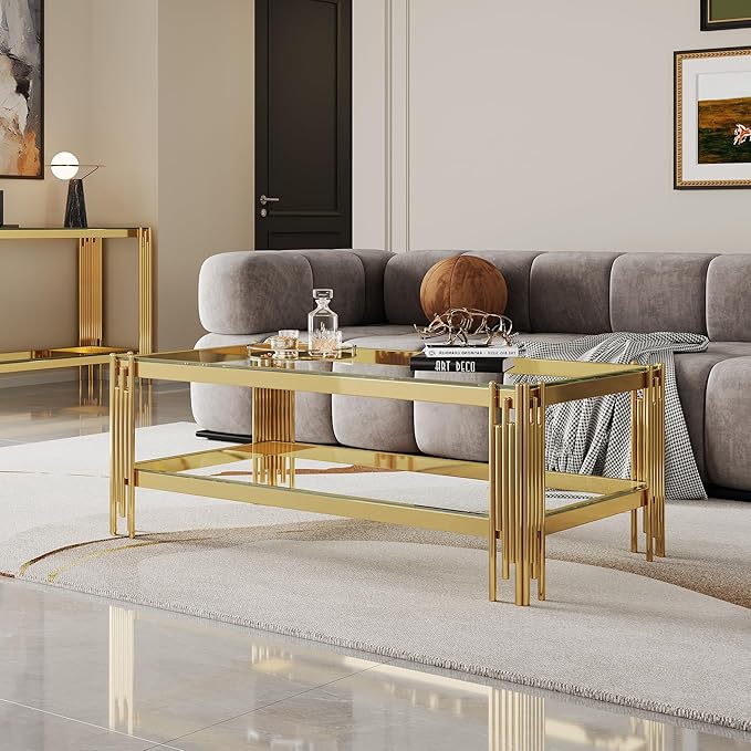 Henf Modern Glass Coffee Table Set with Storage Shlef 2 Piece Gold Living Room Tables Set Including Coffee End Tables Set,Stainless Steel Frame, Tempered Glass Top for Living Room Home Office