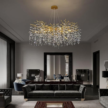 Crystal Tree Branches Chandeliers Round Raindrop Pendant Light Fixture 15 Lights for Dining Room Bedroom Living Room Entryway 39.5" Gold