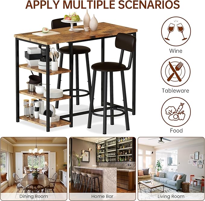 DKLGG Dining Table Set for 2, Counter Height Bar Table Set with Storage ＆ Stools, High Top Pub Table and Chairs for Kitchen, Dining Room, Sofa Side, Apartment, Breakfast Nook, Brown