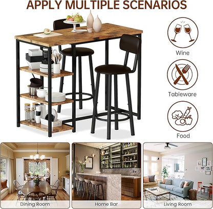 DKLGG Dining Table Set for 2, Counter Height Bar Table Set with Storage ＆ Stools, High Top Pub Table and Chairs for Kitchen, Dining Room, Sofa Side, Apartment, Breakfast Nook, Brown