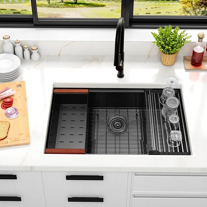 LQS Black Undermount Kitchen Sink, 32 Inch Undermount Kitchen Workstation Sink with X-Shaped Drain Line, 10 Inch Deep Single Bowl Black Kitchen Sinks For Modern Kitchen