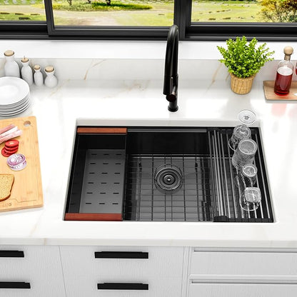 LQS Black Undermount Kitchen Sink, 32 Inch Undermount Kitchen Workstation Sink with X-Shaped Drain Line, 10 Inch Deep Single Bowl Black Kitchen Sinks For Modern Kitchen
