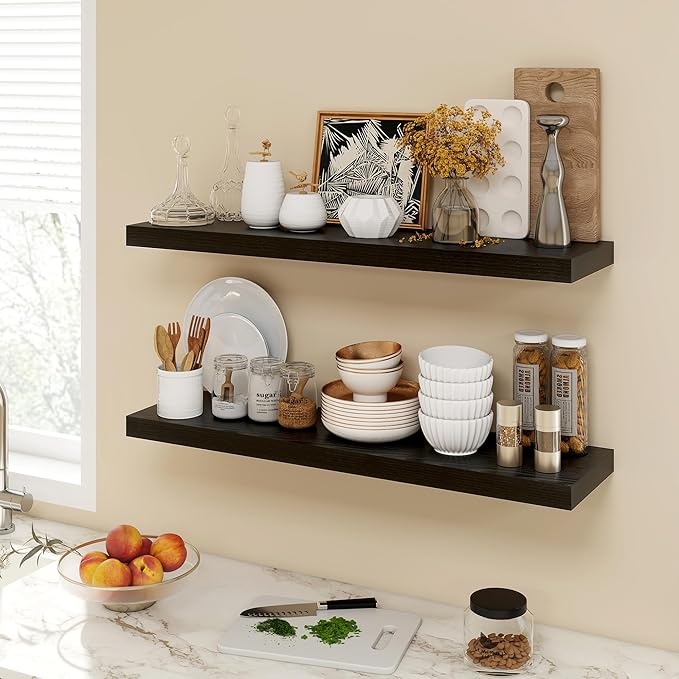Acovy 36 Inch Floating Shelves, 9.3" Deep Floating Shelf Wall Mounted, 36" Wall Shelves, Rustic Deep Bookshelf, Large Display Shelves & Storage Shelves for Bedroom, Living Room, Black, Set of 2