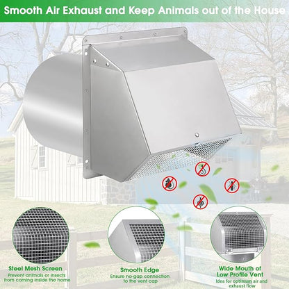 10 Inch Hooded Wall Vent with Screen and Damper, Exterior Wall Exhaust Vent Cover Cap for Kitchen Range Hood Dryer Ventilation and Outdoor Air Exhaust, Stainless Steel