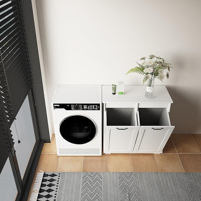 KEIKI Double Tilt Out Laundry Hamper Cabinet, with 2 Removable Liner Bags, Double Doors Hidden Hamper w/Metal Handles, Free Standing Wood Laundry Sorter Floor Cabinets for Bathroom,White, (Style A)