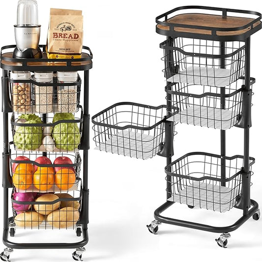 4 Tier Kitchen Fruit Vegetable Storage Cart with One-Piece Rotating Basket, Pantry Organizer Shelf Rack Floor Stand for Veggie Onion Potato Produce Spice, Rolling Snack Cart on Wheels, Black