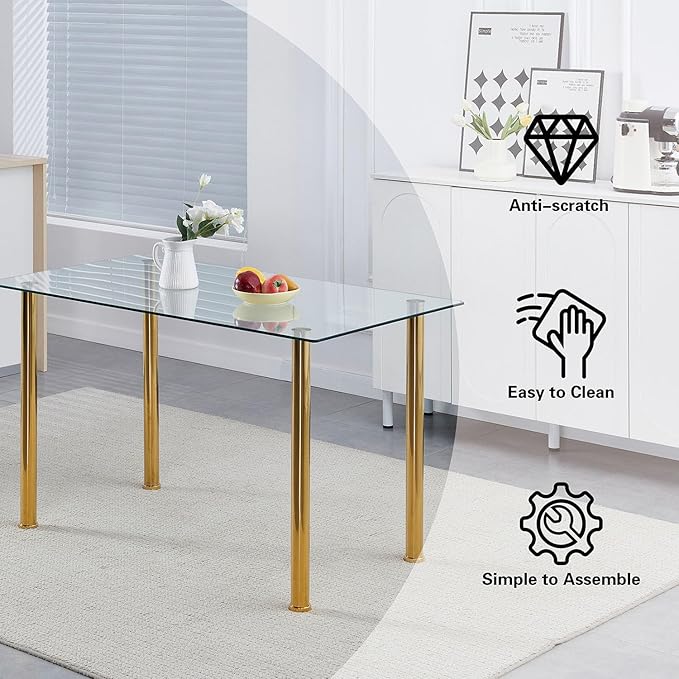 Glass Dining Table for 4, 47.2" Modern Clear Tempered Glass top Dining Room Table with Gold Legs for Kitchen, Small Space
