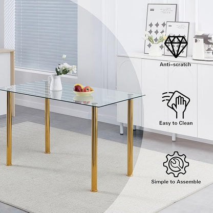 Glass Dining Table for 4, 47.2" Modern Clear Tempered Glass top Dining Room Table with Gold Legs for Kitchen, Small Space