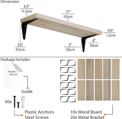 Wallniture Arras Floating Shelves for Wall Decor,17"x4.5" Bookshelf for Living Room Decor, Kitchen Organization, Hallway & Office Wall Shelves Natural Finish Set of 10