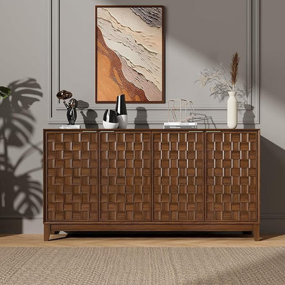 MALOL Sideboard Buffet Cabinet with Storage, Modern 4-Door Buffet Table with 3D Checkerboard Doors & Solid Wood Legs, Large Coffee Bar Cabinet for Dining Room, Living Room, Entryway, Walnut