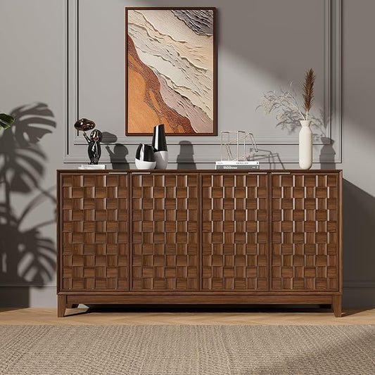 MALOL Sideboard Buffet Cabinet with Storage, Modern 4-Door Buffet Table with 3D Checkerboard Doors & Solid Wood Legs, Large Coffee Bar Cabinet for Dining Room, Living Room, Entryway, Walnut