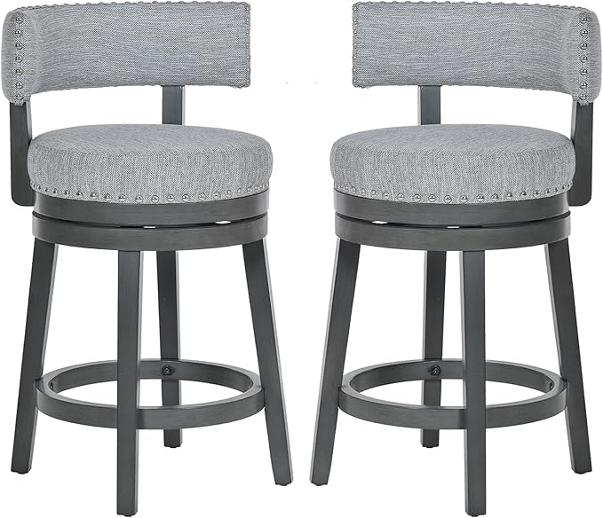 COLAMY Swivel Bar Stools Set of 2, 25 Inch Wood Swivel Barstools with Back, Counter Height Bar Stools, Modern Upholstered Barstools for Kitchen Island Dining Room Bar, Grey