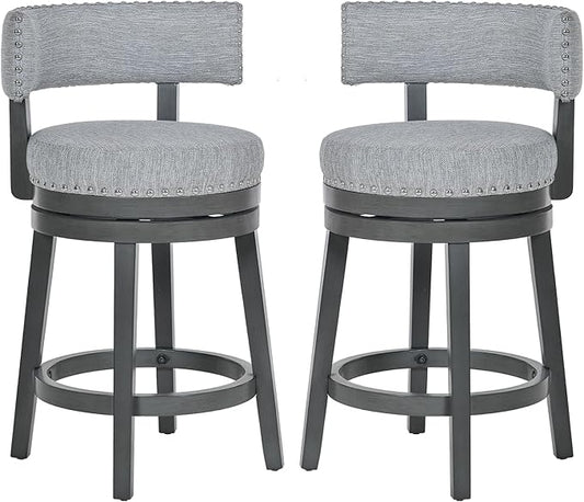 COLAMY Swivel Bar Stools Set of 2, 25 Inch Wood Swivel Barstools with Back, Counter Height Bar Stools, Modern Upholstered Barstools for Kitchen Island Dining Room Bar, Grey