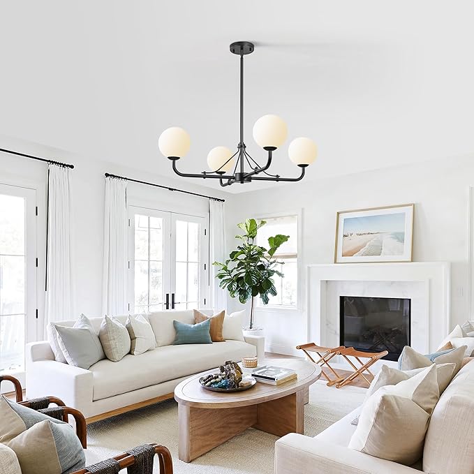 Klgxnrd 4 Lights Black Chandelier, Mid Century Modern Chandeliers for Dining Room, Hanging Sputnik Light Fixture for Living Room Kitchen Island Foyer Bedroom, Milk White Globe Glass Shade