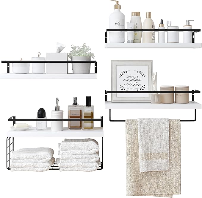White Wood Floating Shelves Wall Mounted - 4+1 Tier Rustic Bathroom Wall Shelves Over Toilet with Wire Storage Basket and Towel Bar, set of 4 Farmhouse Floating Shelf for Bathroom, Kitchen, Bedroom.