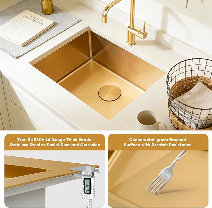 MILOSEN Gold Kitchen Sink, 23x18 inch Gold Undermount Kitchen Sinks, 16 Gauge T304 Stainless Steel Laundry Sinks with Custom Accessories, Deep Single Bowl Utility Sink with Bottom Grid