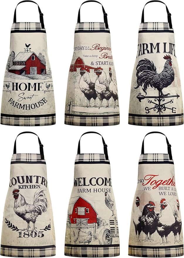 Bencailor 6 Pcs Spring Kitchen Aprons with Pockets Flower Rooster Bee Butterfly Sunflower Summer Aprons Bulk for Women(Beige,Black and Red Farm Rooster)