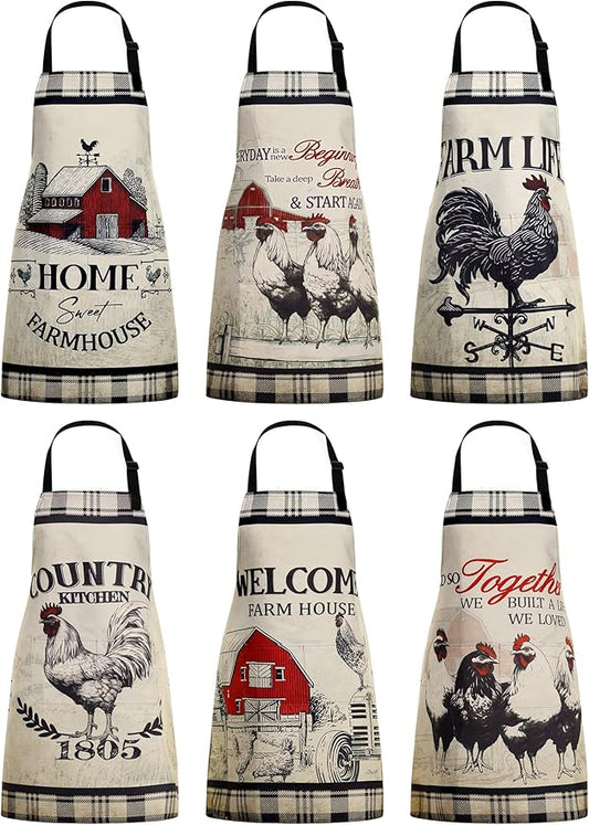 Bencailor 6 Pcs Spring Kitchen Aprons with Pockets Flower Rooster Bee Butterfly Sunflower Summer Aprons Bulk for Women(Beige,Black and Red Farm Rooster)