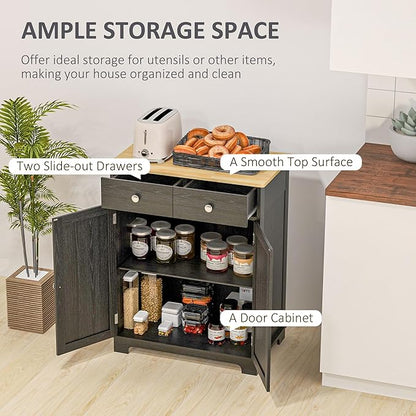 HOMCOM Sideboard Buffet Cabinet with Solid Wood Countertop, Modern Kitchen Storage Cabinet, Coffee Bar Cabinet with 2 Drawers, Doors and Adjustable Shelf, Distressed Black