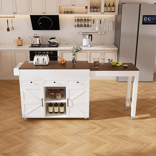 KEIKI 74.8" Kitchen Island with Extendable Dining Table, Rolling Cart with Power Outlet, 3 Drawers & Storage Cabinet on Wheels for Kitchen, Dining Room, White