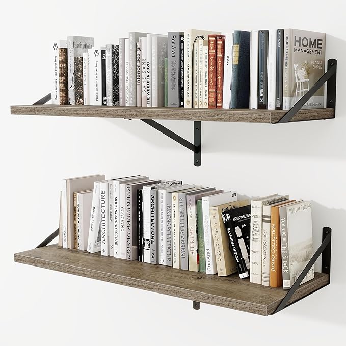 Deep Wall Shelves 36"W x 12"D Engineered Wood Floating Shelves for Wall, Sturdy Metal Bracket Bookshelves Home Decor Storage for Living Room Bedroom Bathroom Kitchen, Set of 2, Grey Finish