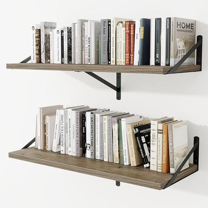Deep Wall Shelves 36"W x 12"D Engineered Wood Floating Shelves for Wall, Sturdy Metal Bracket Bookshelves Home Decor Storage for Living Room Bedroom Bathroom Kitchen, Set of 2, Grey Finish