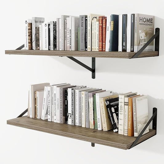 Deep Wall Shelves 36"W x 12"D Engineered Wood Floating Shelves for Wall, Sturdy Metal Bracket Bookshelves Home Decor Storage for Living Room Bedroom Bathroom Kitchen, Set of 2, Grey Finish