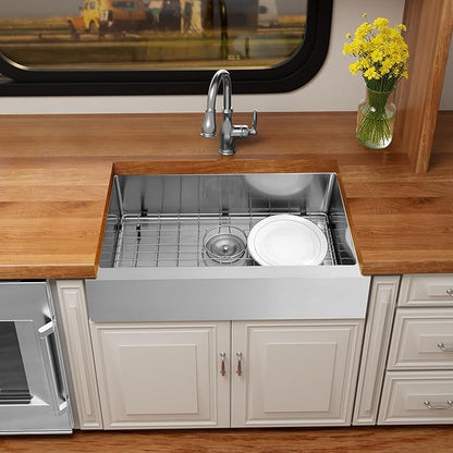 27-Inch Farmhouse Rv Sink, 16 Gauge Stainless Steel Farm Sink, Undermount Single Bowl, Brushed Finish, Deep Basin with Accessories (Stainless Steel, 27" x 16" x 7")
