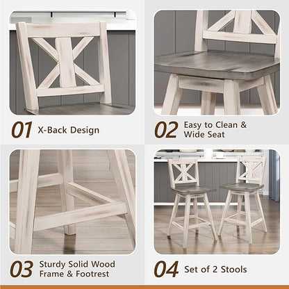 Lexicon Counter Height Stools Set of 2-Solid Wood Frame 360° Swivel Wooden Stools, Foot Rest, X Back, Wide Seat, Distressed Farmhouse Easy to Clean Finish, 24" SH, Antique White/Grey