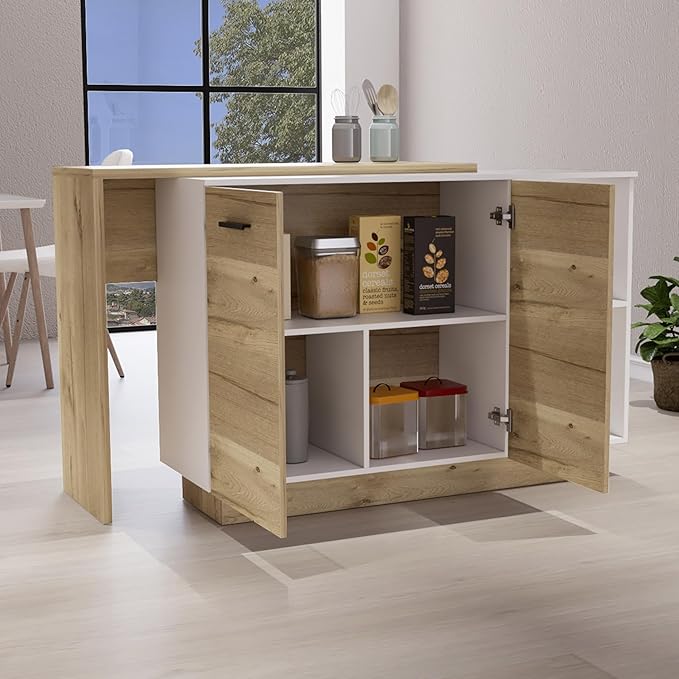 GOWE Kitchen Island, Double Door Cabinets, Two External Shelves, Three Shelves, White/Light Oak