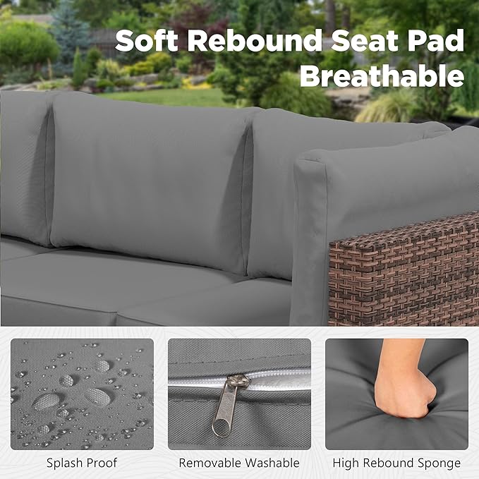 LHBcraft 7 Pieces Outdoor Wicker Rattan Patio Furniture with Rain Cover, Wicker Rattan Outdoor Sectional Sofa Set with Coffee Table & Gery Cushions for Garden, Poolside