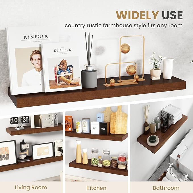 RICHFOCUS Floating Shelves for Wall 55 Inch Solid USA-Sourced Oak Wooden Shelves for Bathroom Kitchen 9" Deep Modern Wood Shelf with Heavy-Duty Bracket for Wall Mounted, Walnut Finish