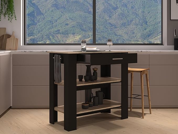 GOWE Kitchen Island 37" H, Two Open Storage Shelves, One Drawer, Four Legs,Towel Hanger, Black/Light Oak