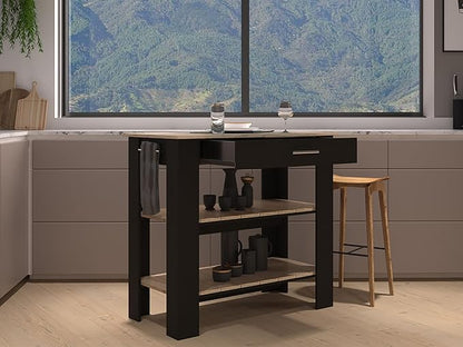 GOWE Kitchen Island 37" H, Two Open Storage Shelves, One Drawer, Four Legs,Towel Hanger, Black/Light Oak