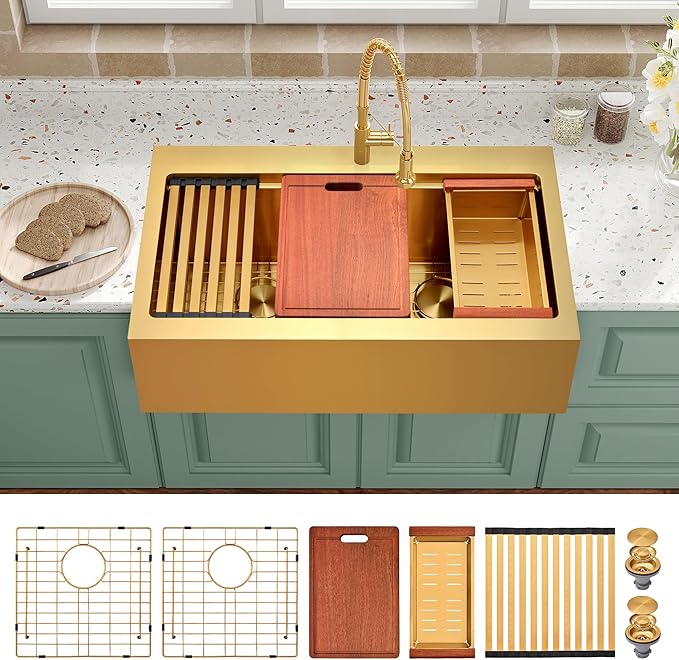 Gold Farmhouse Kitchen Sink 36 x 22 Drop In, 50/50 Double Bowl Farm Sinks, 16 Gauge Stainless Steel Workstation Sink with Ledge & Accessories, 36" x 22" x 10" Large and Deep Double Sink