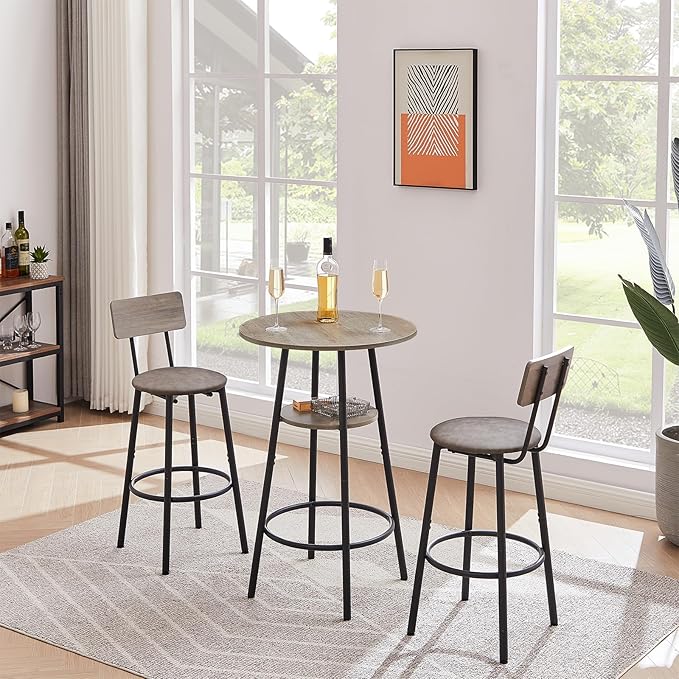 Round Bar Stool Table Set with Storage Shelf, Grey Upholstered Stools with Backrest, Comfortable PU Padded Seat, Bar Table and Chairs Set of 2, Supports 350 lbs Each