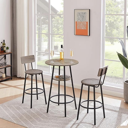 Round Bar Stool Table Set with Storage Shelf, Grey Upholstered Stools with Backrest, Comfortable PU Padded Seat, Bar Table and Chairs Set of 2, Supports 350 lbs Each