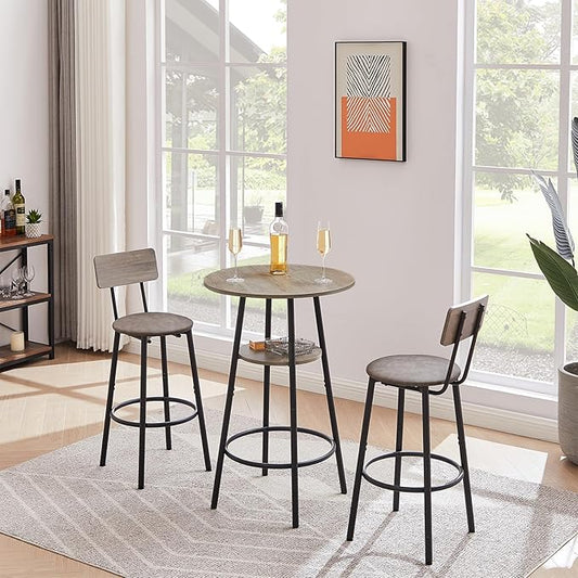 Round Bar Stool Table Set with Storage Shelf, Grey Upholstered Stools with Backrest, Comfortable PU Padded Seat, Bar Table and Chairs Set of 2, Supports 350 lbs Each